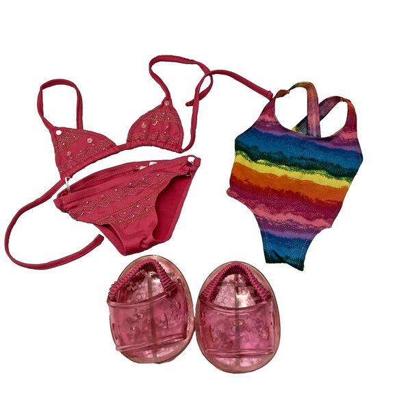 Build A Bear Bathing Suits Bikini and One Piece With Pink Sandals Lot of 3 Beach - Picture 1 of 13